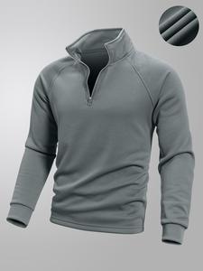 Men's Solid Zip Up Raglan Sleeve Sweatshirt, Casual Loose Long Sleeve Stand Collar Pullover for Spring & Fall, Fashion Men's Top for Daily Wear