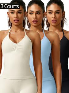 Women's Solid Color Ruched Halter Neck Sports Vest, Breathable Comfortable Backless Sports Tank Top for Gym Workout, Ladies Sportswear for Indoor Outdoor Wear