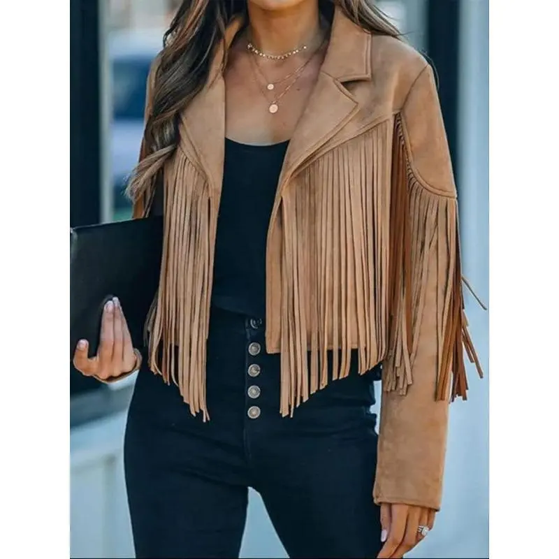 Women's Solid Color Fringe Trim PU Leather Jacket, Casual Long Sleeve Collared Outerwear for Spring & Fall, Ladies Clothes for Daily Wear