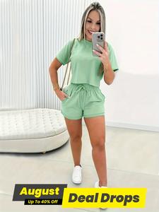 Two-Piece Set Women's Solid Color Short Sleeve Crop Tee & Elastic Waist Tie Front Shorts Set, Casual Round Neck T-Shirt & Pocket Shorts for Summer, Summer Outfits 2024, Ladies Clothes for Daily Wear, Everyday, Womenswear