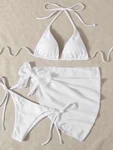 Three-piece Set Women's Solid Bikinis Set, Casual Padded Triangle Halter Swim Top & Tie Side Swim Bottom & Cover Up Skirt Set for Beach Holiday Vacation, Summer Swimsuit Set, Halter Neck Bikini