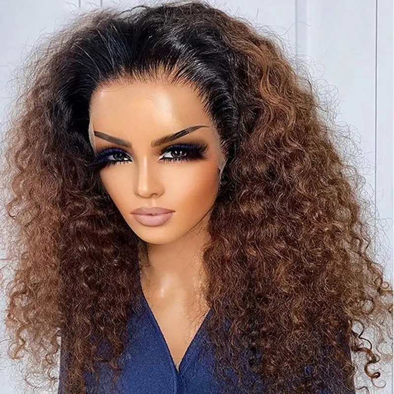 Ombre Brown Color Soft 26“Long Kinky Curly 180Density Lace Front Wig Synthetic For Women High Temperature Glueless Daily 1