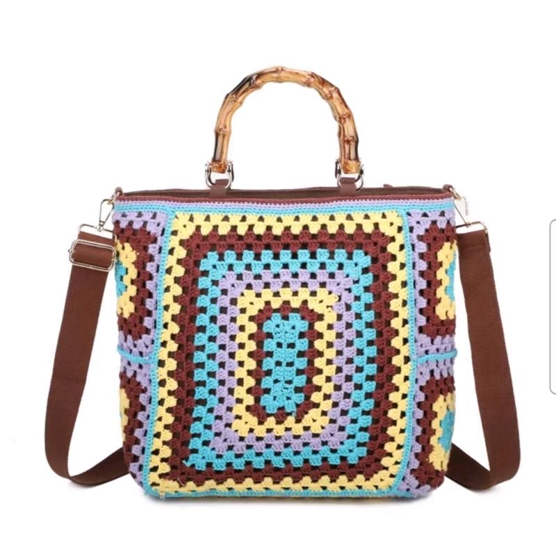 Large Crochet & Bamboo Handbag 4