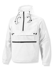 Men's Solid Color Drawstring Pocket Half Zip Hooded Jacket, Regular Fit Casual Waterproof Long Sleeve Outerwear for Fall & Winter, Men's Clothes for Daily Wear