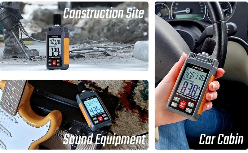 Product Introduction of Decibel Meter, TopTes TS-501B Sound Level Meter with A/C Weighting, Measuring Range 30 to 130 dB, SPL Tester for Noise Control, 2.25-inch Backlit LCD Display, MAX/MIN, Data Hold - Orange 4