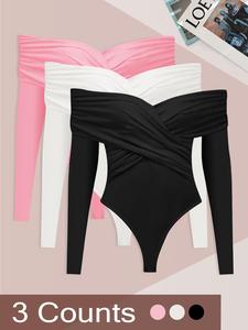 Women's Solid Color Off Shoulder Ruched Thong Design Bodysuit, Lady Chic Minimalist Elegant Fashion Casual Criss Cross Long Sleeve Bodysuit for Daily Outdoor Wear, Women Clothing for Spring Fall, Basic  Longsleeves Womenswear