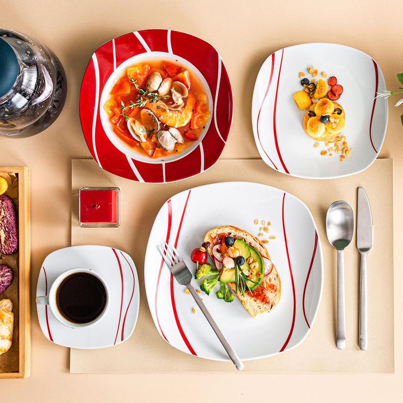 MALACASA Dinnerware Sets, 18/24/30-Piece Porcelain Square Dishes, Gray White with Red Rim, Modern Dish Set for 6 - Plates and Bowls Sets, Ideal for Dessert, Salad, and Pasta - Series FELISA 7