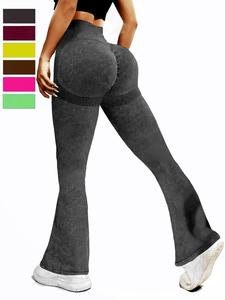 Women's Solid Ruched High Waist Sports Leggings, Casual Comfy Seamless Flare Leg Pants for Daily Wear, Gym Clothes, Ladies Sportswear for Indoor Outdoor Wear, Tummy Control