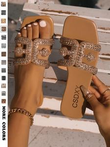 Women's Fashionable Plain Color Rhinestone Decorated Slide Sandals, Casual Comfortable Flat Sandals for Beach, Home, and Everyday Wear, Summer, Footwear Strap Slides