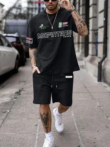 Two-Piece Set Men's Motorcycle & Letter Print Short Sleeve Tee & Track Shorts, Loose Casual Round Neck T-shirt & Shorts, Summer Clothes Set for Men