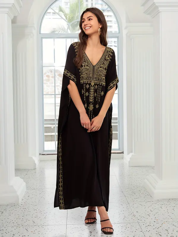 EDOLYNSA Plus Size Women's Middle Eastern-Inspired Casual Short Sleeve Batwing Sleeve V-Neck Split Hem Maxi Kaftan Dress - Lightweight Beach Dress for Spring Summer Fall, Hand Wash Only, Vacation Outfit, Loose Fit, Flowy Material, Vacation Wardrobe 4