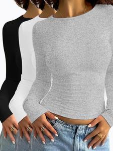 Women's Solid Round Neck Slim Fitted Tee, Casual Minimalist Basic Style T-shirt for Daily Wear, Ladies Clothes for All Seasons, Cute Tops, Women's T Shirts, Womenswear, Everyday Tshirt