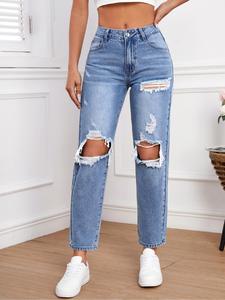Women's Plain Button Pocket Ripped Jeans, Fashion Casual Fabrics Fitted High Waist Distressed Denim Pants for Spring Summer Fall, Women's Bottoms for Everyday Daily Wear, Jeans for Women, Lady Stylish Ripped Jeans, Womenswear, Basic Streetwear