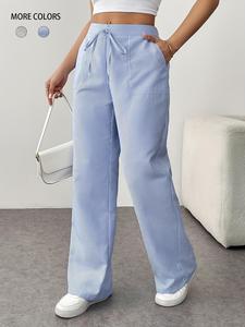 Women's Striped Print Drawstring Waist Wide Leg Pants, Casual Pocket Trousers for Spring & Fall, Women's Bottoms for Daily Wear, Casual Bohemian Trousers