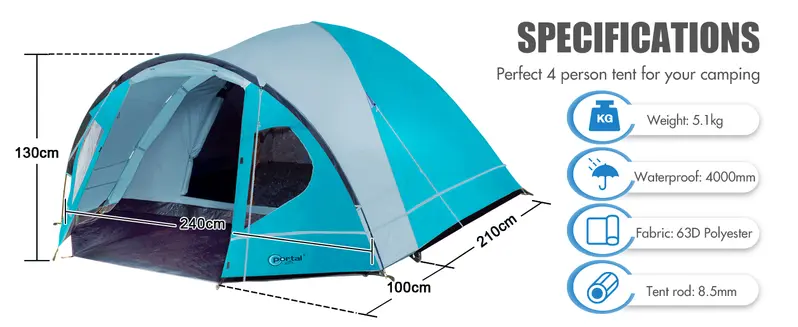 Product Introduction of 3-4 Man Tent with Porch, Camping Tent for 3 to 4 Persons with Sewn-in Groundsheet, 4000mm Waterproof Family Tent with Bedroom, Lightweight Dome Tent for Outdoor Garden Backpacking Hiking[60%OFF] 2
