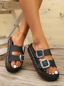 Women's Fashionable Plain Color Slip on Platform Elegant Minimalist Sandals, Thick Bottom Slippers, Casual Comfortable Black Thick Sole Sandals for Summer, Non-slip Adjustable Slide Sandals for Women & Girls, Walking Shoes, Footwear