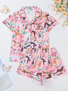 Women's All Over Horse Print Shirt & Elastic Waist Shorts Pyjama Two-piece Set, Casual Comfy Short Sleeve Top & Shorts PJ Set, Ladies Sleepwear for All Seasons, Pajama Sets
