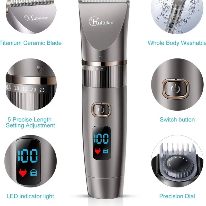 Hatteker Professional Hair Clipper Cordless Clippers Hair Trimmer Beard Trimmer Shaver Detail Trimmer Hair Cutting Kit for Men Waterproof 1