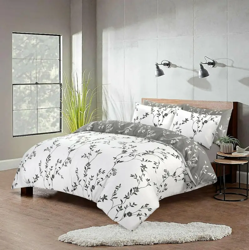 Hotel Quality Stylish Reversible Duvet Cover Set 100% Soft Fluffy Floral Bedding Sets with Pillowcases Cozy Comfy Microfiber Quilt Cover Charcoal Grey Pink Flowers Double King Super King Bedding Sets 6