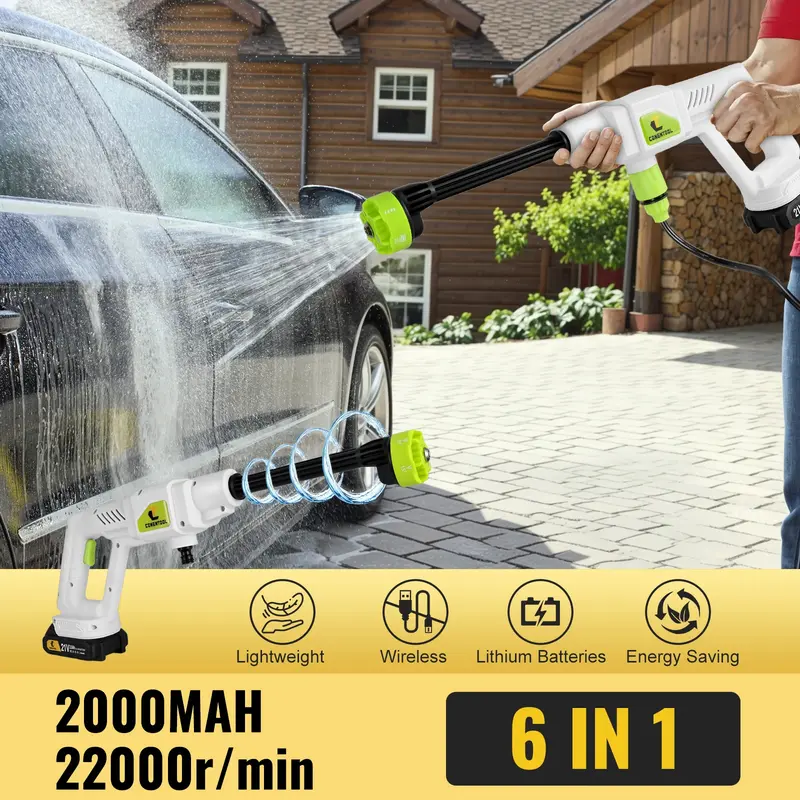 6 IN 1 Cordless High Pressure Cleaner, Portable Hand-held Electric Car Cleaner Water Gun Set with Battery and Charger Brushless High-Pressure Cleaner with 21V 3.0Ah Battery, 6-in-1 Nozzle, 16ft Hose 5