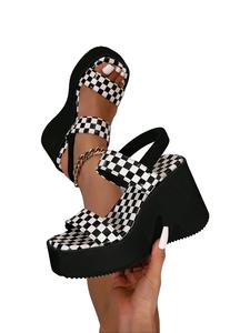 Women's Classy Stylish Checked Pattern Platform Heels Sandals, Strap Sandals, Sandal Wedges, Unique Heeled Footwear, Trendy Slip on Open Toe Wedge Sandals, Black High Heels, Elegant Sandal, Chic All-match Strappy Sandal for Daily Wear, Thick Bottom Shoes
