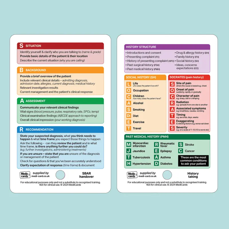 Set of 4 Pocket Cards - includes ABCDE, GCS Adult & Paediatric, SBAR Handover & Pain Assessment 3