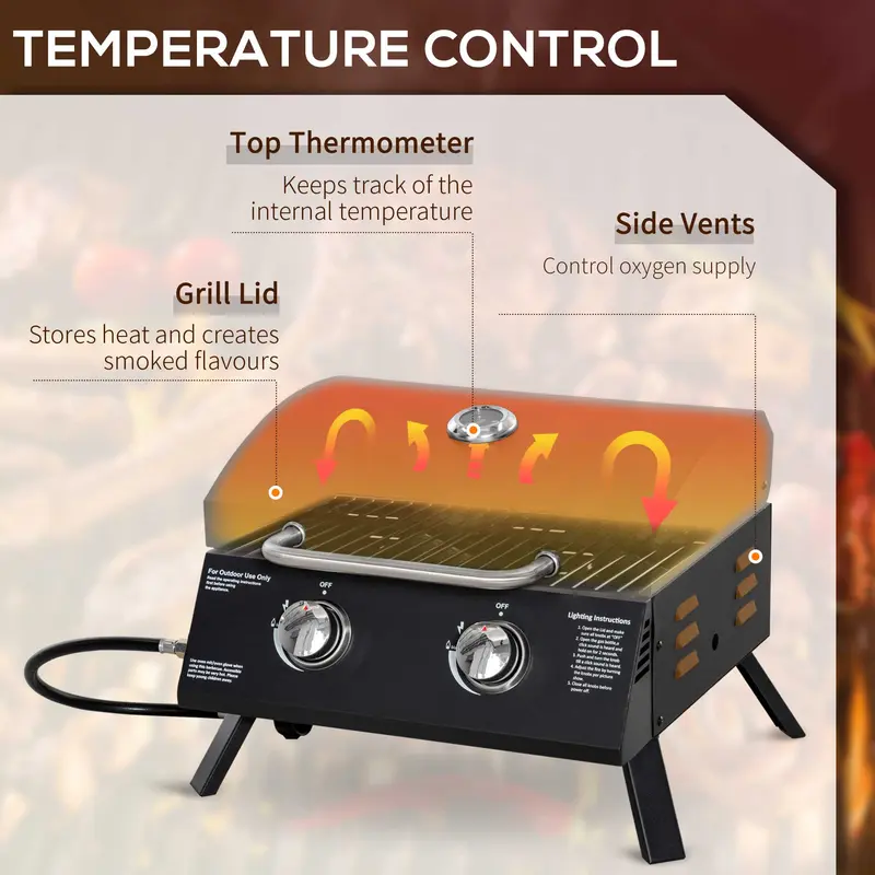 Outsunny 2 Burner Gas BBQ Grill Outdoor Portable Folding Tabletop Barbecue w/ Lid, Thermometer, Carbon Steel, Black 3