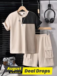 Two-Piece Set Boy's Colorblock Print Short Sleeve Tee & Plain Pocket Elastic Waist Shorts, Casual Comfort and Functionality Round Neck T-shirt & Cargo Shorts for Summer, Kids Clothes for Daily Wear