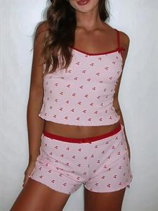 Women's Cherry Print Lightweight Contrast Binding Pyjama Set, Cute Casual Fit Adjustable Spaghetti Strap Crop Cami Top & Shorts Set, Summer Sleepwear Set for Women, Lounge Set,Underwear & Sleepwear