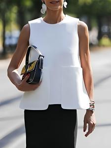 Women's Solid Color Round Neck Tank Top, Casual Sleeveless Top for Summer, Fashion Women's Top for Daily Wear, Sleeveless Blouse