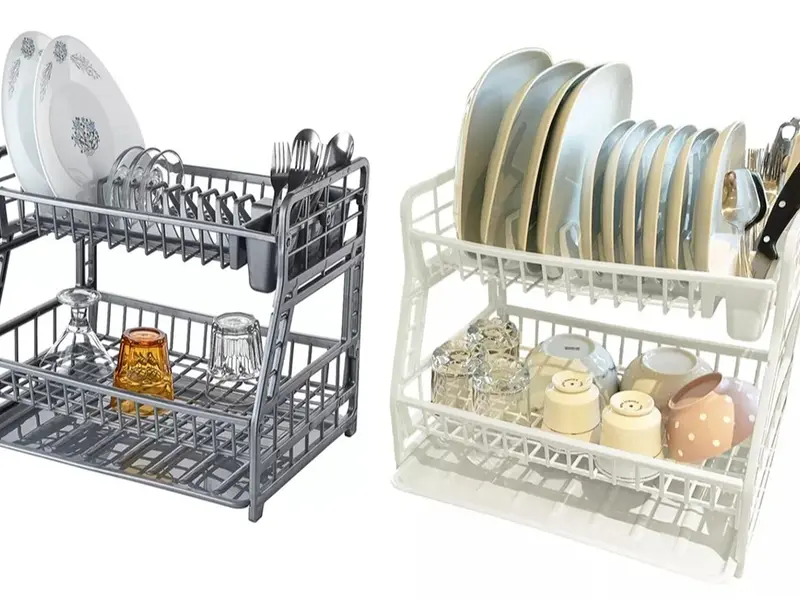 2 Tier Dish Drainer Rack Storage Drip Tray Sink Drying Draining Plate Bowl 0