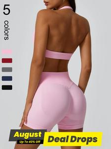 Two-piece Set Women's Solid Color Seamless Sportswear Set for Yoga Gym Workout Running, Ladies Summer Sportswear, Athleisure Wear, Skinny Sportswear, Fitness Training Clothes, Yoga Outfit Set