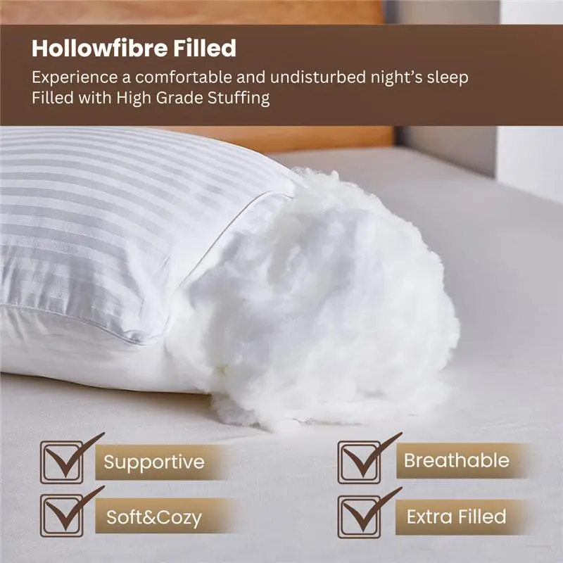 Pack Of 2 Hotel Quality Egyptian Stripe Pillows Hollowfibre Filled Standard size Bed Pillows Cotton Blend 1