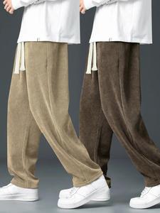 Men's Solid Drawstring Waist Corduroy Pants, Casual Comfy Pocket Trousers for Fall & Winter, Men's Bottoms for Daily Wear