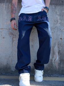 Men's Letter Embroidery Straight Leg Jeans, Loose Casual Comfy Denim Pants for Daily Wear, Fashion Men's Bottoms for All Seasons, Cotton