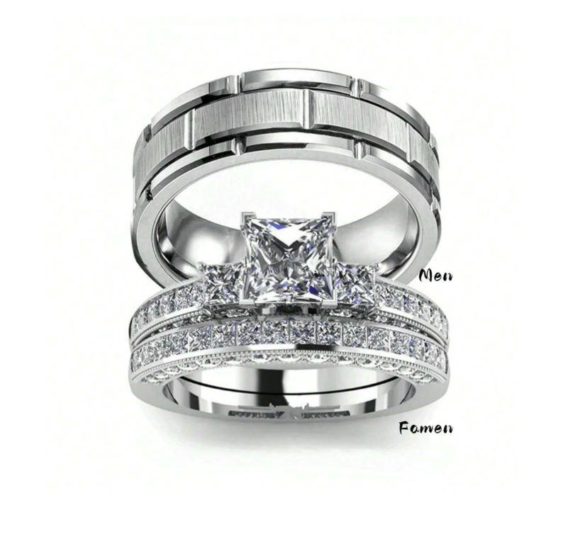 Product Introduction of Couple Ring Set - 2 elegant synthetic gemstone rings for women and 1 fashionable plain silver ring for men, men's rings, women's rings, gift for lover, wedding, engagement and anniversary 8
