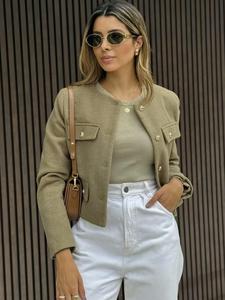Women's Solid Button Front Crop Jacket, Elegant Long Sleeve Round Neck Jacket for Work Office Business, Ladies Clothes for All Seasons, Womenswear, Outerwear