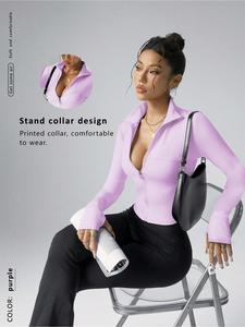 Women's Solid Color Zip Up Sports Jacket, Casual Long Sleeve Collared Zip Front Outerwear for Daily Wear, Ladies Sportswear for All Seasons