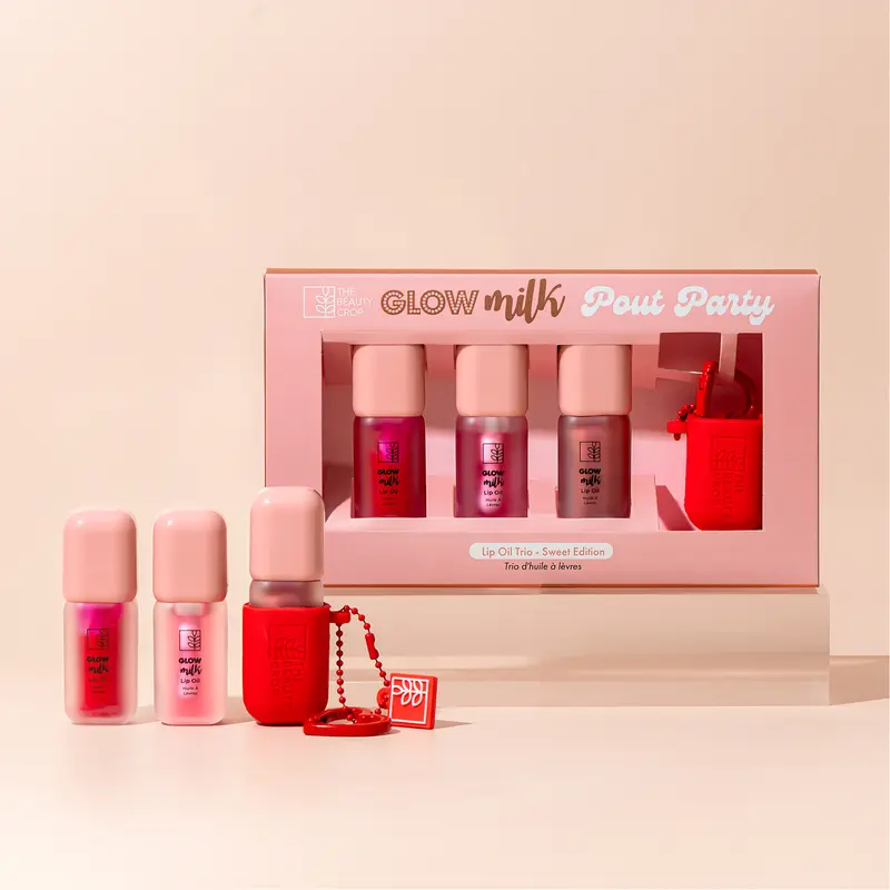 Glow Milk Lip Oil Set of 3 Shades - with Key Chain - Non-Sticky, Moisturising Formula with Jojoba Oil - The Beauty Crop 0