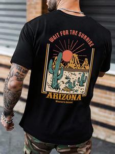 Men's Arizona Desert & Letter Print Round Neck Graphic Tee, Vintage Trendy Casual Short Sleeve T-shirt for Daily Wear, Ladies Summer Outfit