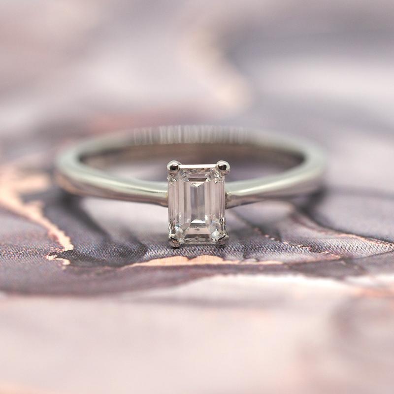 Platinum Emerald Cut Diamond Solitaire Ring, size I 1/2 3