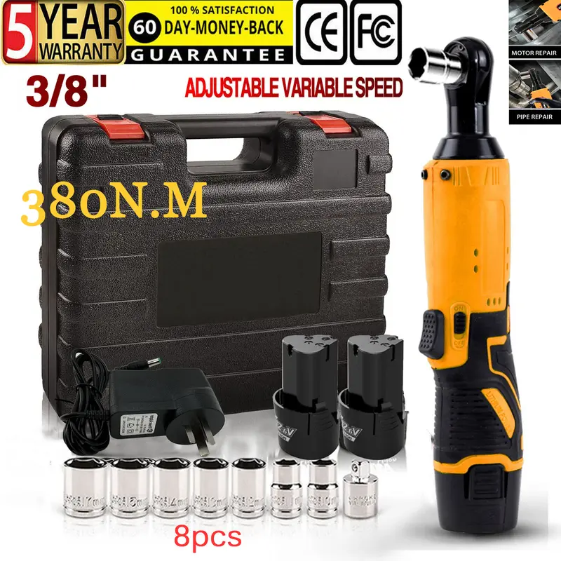 380Nm Electric Cordless Right Ratchet 3/8'' 90 Angle Wrench Power 2 Battery Kit  UK 1