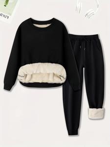 Women's Plain Plush Lined Sweatshirt & Drawstring Waist Sweatpants Two-piece Set, Casual Round Neck Long Sleeve Pullover & Pocket Jogger Pants, Women's Two-piece Outfits for Winter