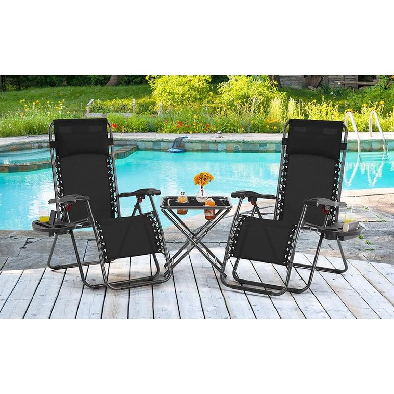 Product Introduction of 3PCS Zero Gravity Recliner Portable Foldable Outdoor Sunlounger Table Set w/Pillow & Carry Strap for Patio Deck Garden Pool Black 0