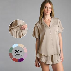 Azazie Ruffled Short Sleeve Pajama Set Soft Satin Sleepwear with Matching Elastic-Waist Shorts Classic Notch Collar Front Button-Up Shirt Chest Pocket