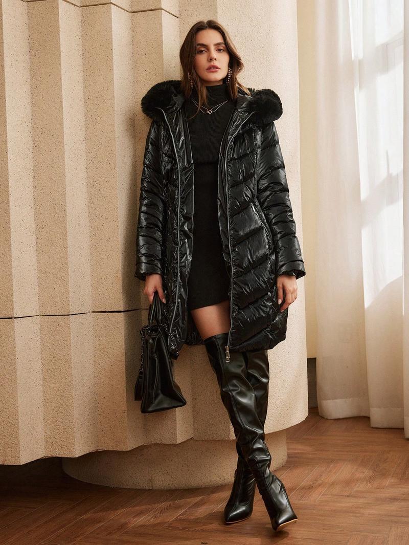 Product Introduction of Trim With Hooded Length s Women Anewsta Mid - Padded Coat Detachable Fluffy 45
