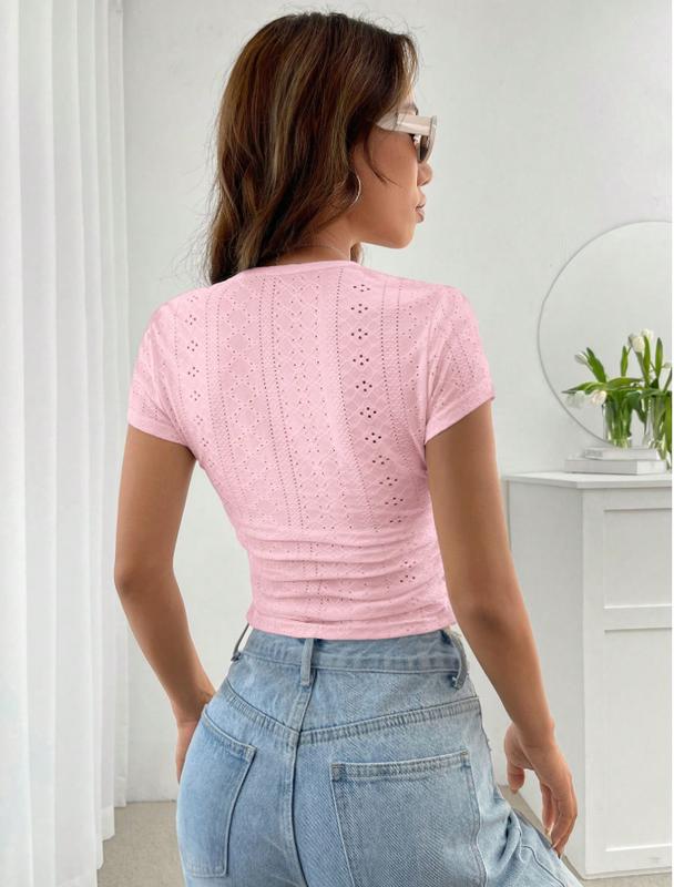 Women's short-sleeved square-neck, pleated, tight-fitting printed T-shirt 4