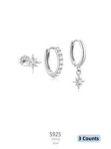 925 Sterling Silver Star Design Fashionable Hoop Earrings & Stud Earrings Set, Gifts for Girlfriend, 3counts/set Fashion Jewelry for Party, Daily Exquisite Jewelry for Birthday Gift