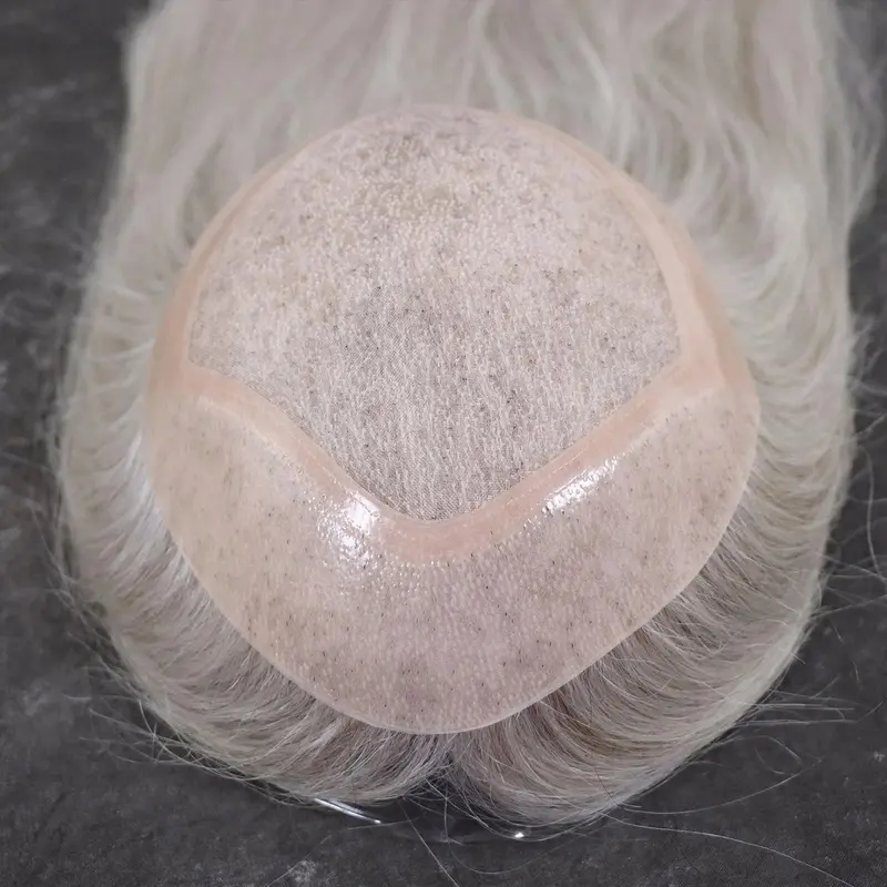 Toupee Male Wig  Grey White Color Mono Poly PU CC Base Human Hair System Prosthesis #590 8X10 Can Custom 2
