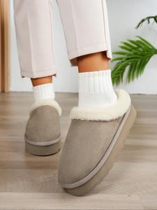 Solid Color Plush Platform Slide Slippers, 2024 Soft Fluffy Thick Soled Bedroom Slippers, Warm Matching Home Slippers Footwear for Girl, Comfort Walking Shoes